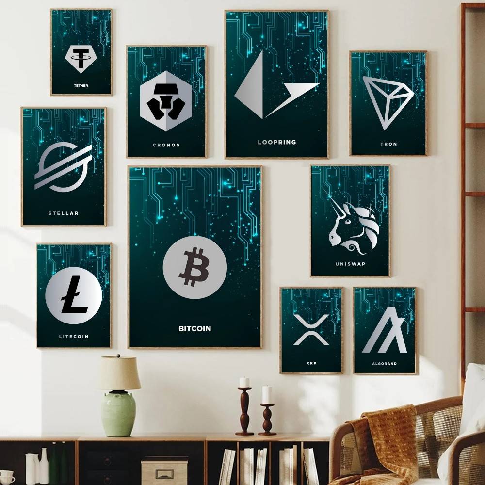 Tech Office Wall Art - テックサーキット暗号通貨シンボルポスターデジタルコインロゴ幾何学模様プリント額なし紙製ウォールアートオフィス、トレーダー、研究、モダンな装飾に最適