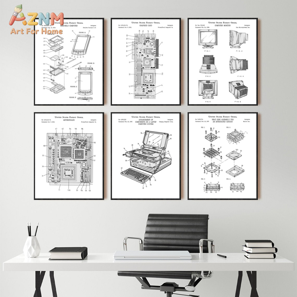 Tech Office Wall Art - AZNM コンピューターマザーボード特許キャンバス絵画技術図面プリント壁アートオフィス装飾ポスター