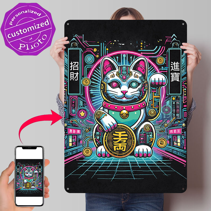 Tech Office Wall Art - サイバーパンク招き猫 - テックフォーチュンキャット3Dテクスチャプリントポスターカスタムヴィンテージメタルティンプレートサイン（壁飾り、オフィス装飾用）