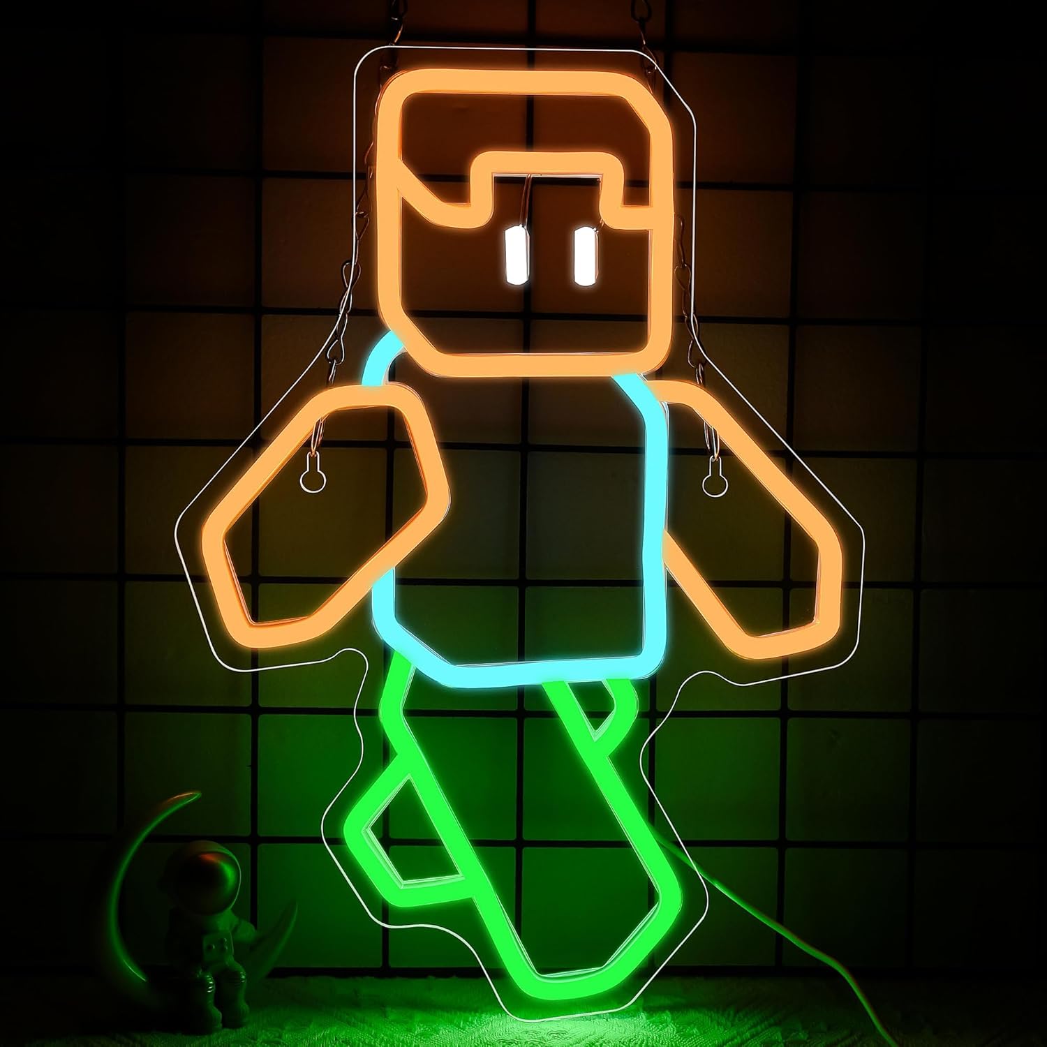Tech Office Wall Art - ピクセルアートキャラクターネオンサイン オレンジブルーグリーンLEDライト ゲームルーム レトロ壁飾り モダンホームオフィスバー テックギフト