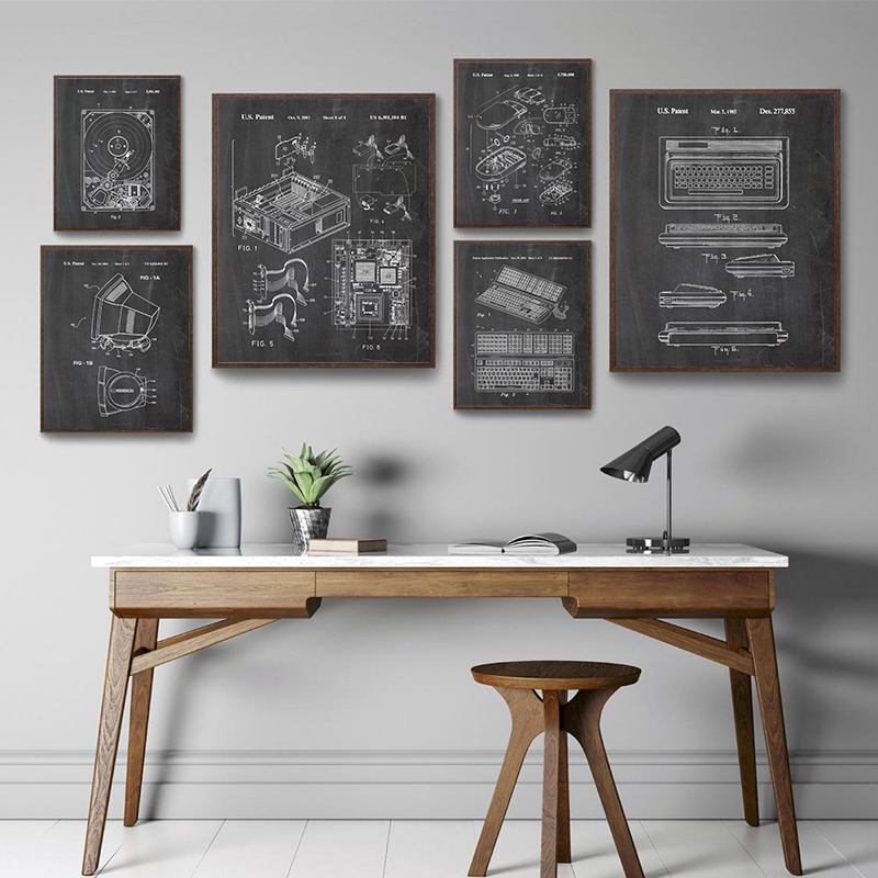6ピースヴィンテージコンピュータ特許図面ウォールアートセット - Tech Office Wall Art のレビューと価格
