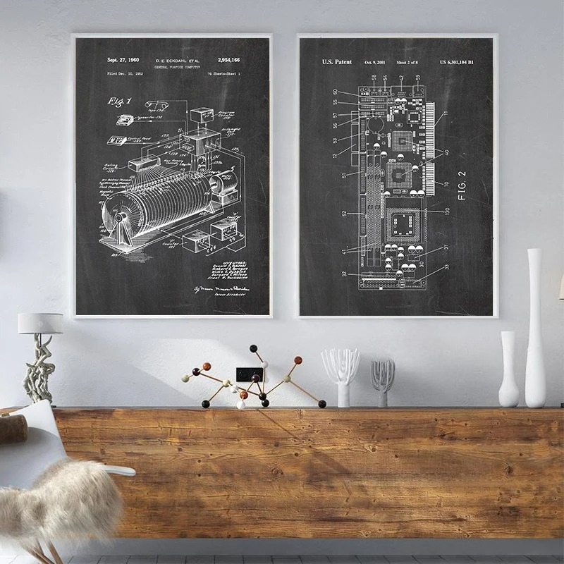 6ピースヴィンテージコンピュータ特許図面ウォールアートセット - Tech Office Wall Art のレビューと価格
